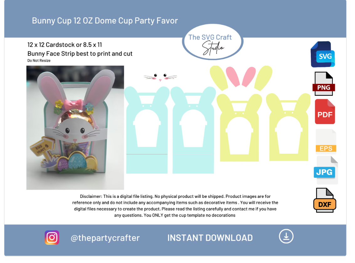 Easter Bunny Dome Cup Holder Party Favor SVG | Cute Easter Party Favors for Kids| Digital Download| 12oz Cup Party Decoration | Bunny SVG