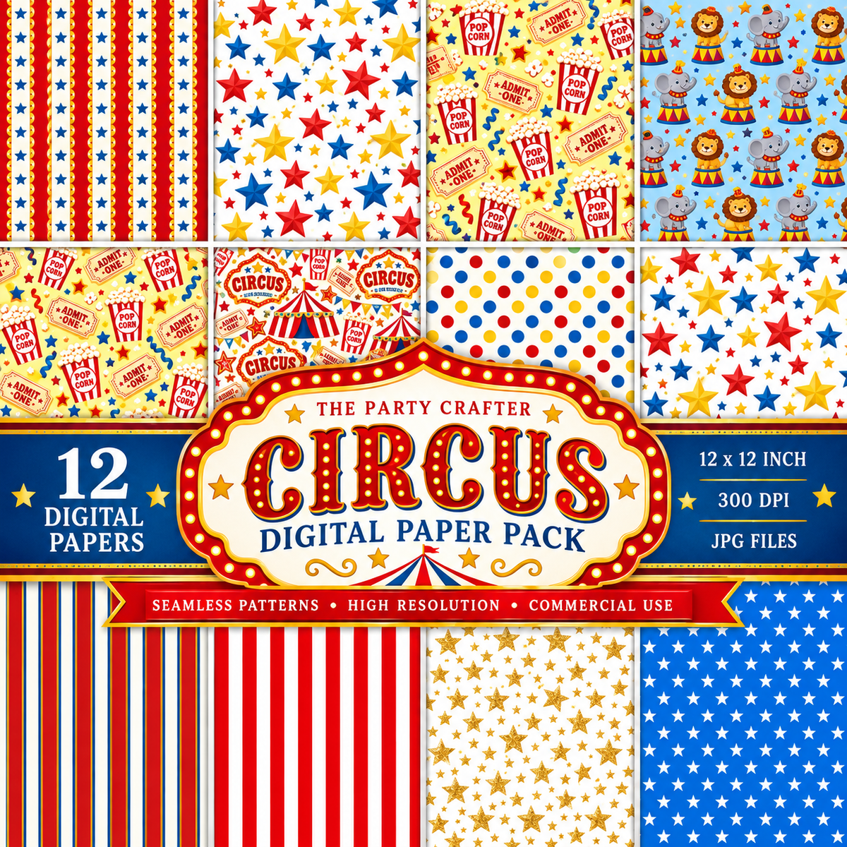 Circus Digital Paper Pack – 12 Seamless Patterns, Circus Party Printable Backgrounds