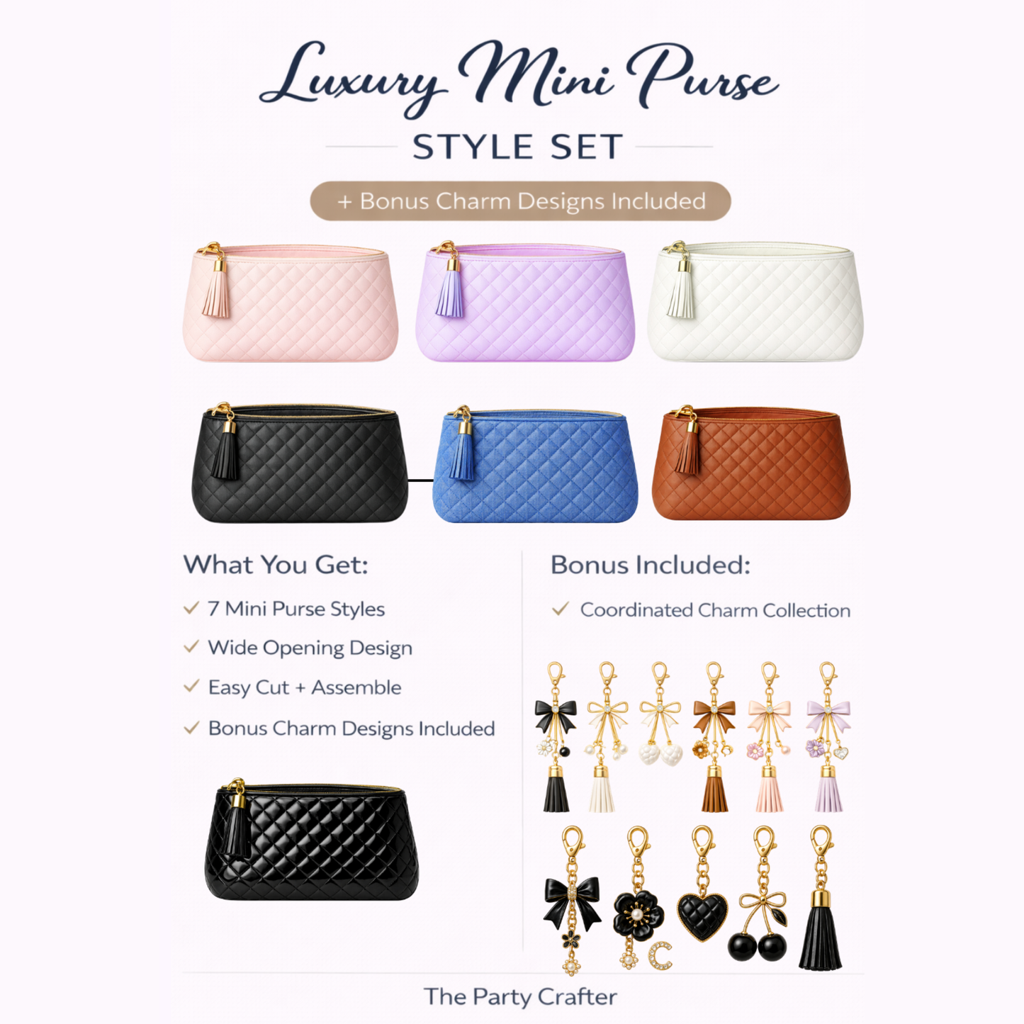 Quilted Mini Purse Party Favor Template Set with Charms — Printable PDF & PNG