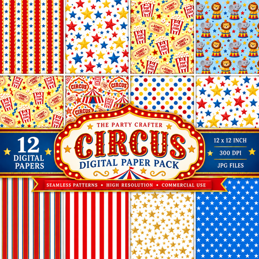 Circus Digital Paper Pack – 12 Seamless Patterns, Circus Party Printable Backgrounds