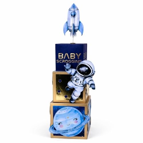 Custom party centerpiece with space theme design, personalized astronaut event table decor